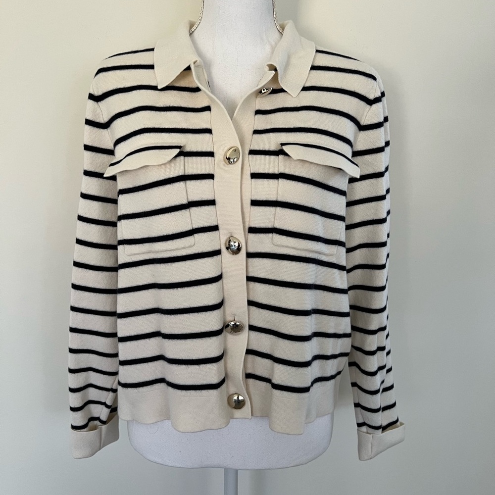 Sezane Ecru/Navy Betty cardigan - Size XXXL